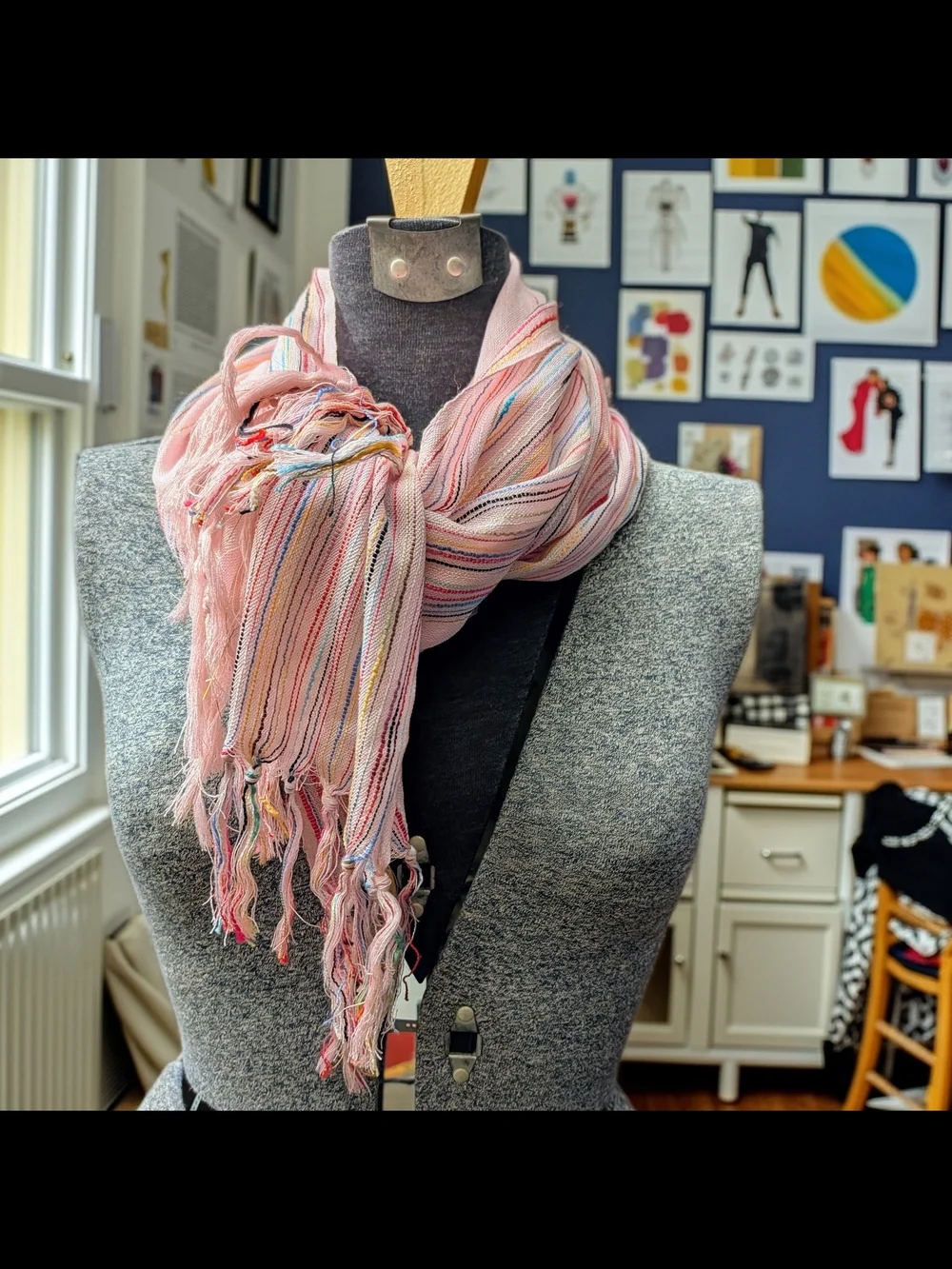 Artisan-Style Mixed Fiber Soft Pink Striped Fringe Shimmering Scarf Wrap 24
